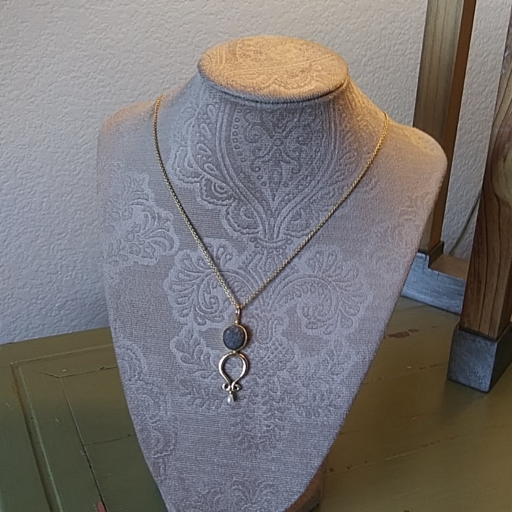 Necklace with unknown stone and drop pearl